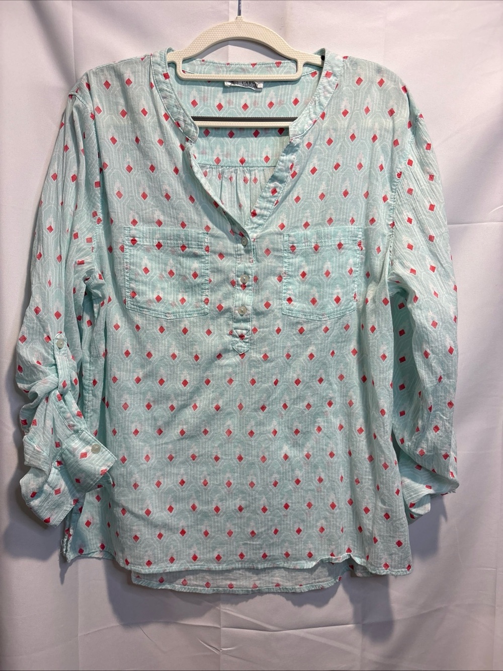 Carve Designs Mint Blue Tunic with Coral Diamond Print